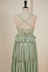 Dusty Sage V-Neck Ruffle A-Line Long Dress with Spaghetti Straps