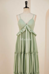Dusty Sage V-Neck Ruffle A-Line Long Dress with Spaghetti Straps