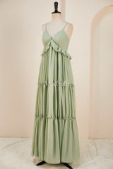 Dusty Sage V-Neck Ruffle A-Line Long Dress with Spaghetti Straps