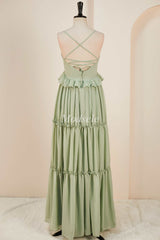 Dusty Sage V-Neck Ruffle A-Line Long Dress with Spaghetti Straps
