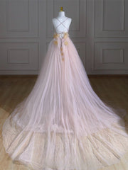 A-Line V Neck Tulle Pink Long Prom Dress, Pink Tulle Long Formal Dress