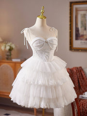 Mini Sweetheart Neck Tulle Lace White Short Prom Dress, White Homecoming Dress