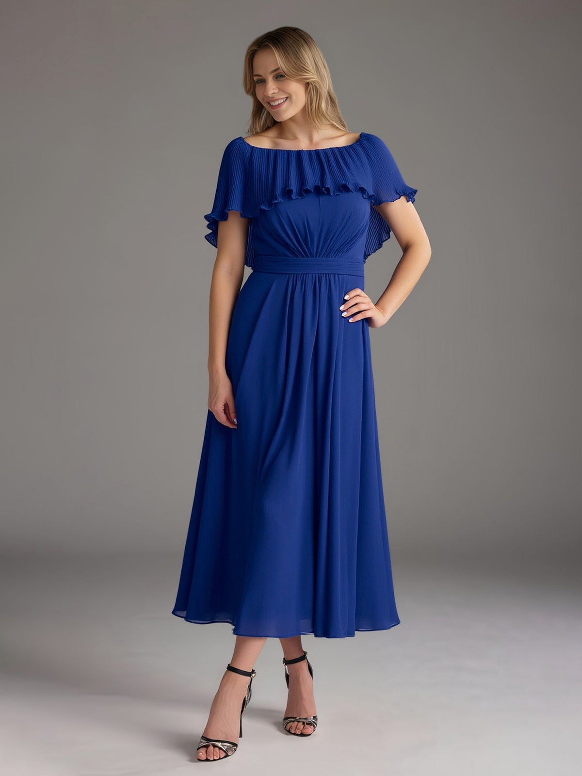 A-Line Flutter Sleeves Chiffon Tea-Length Dress Royal Blue