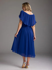 A-Line Flutter Sleeves Chiffon Tea-Length Dress Royal Blue