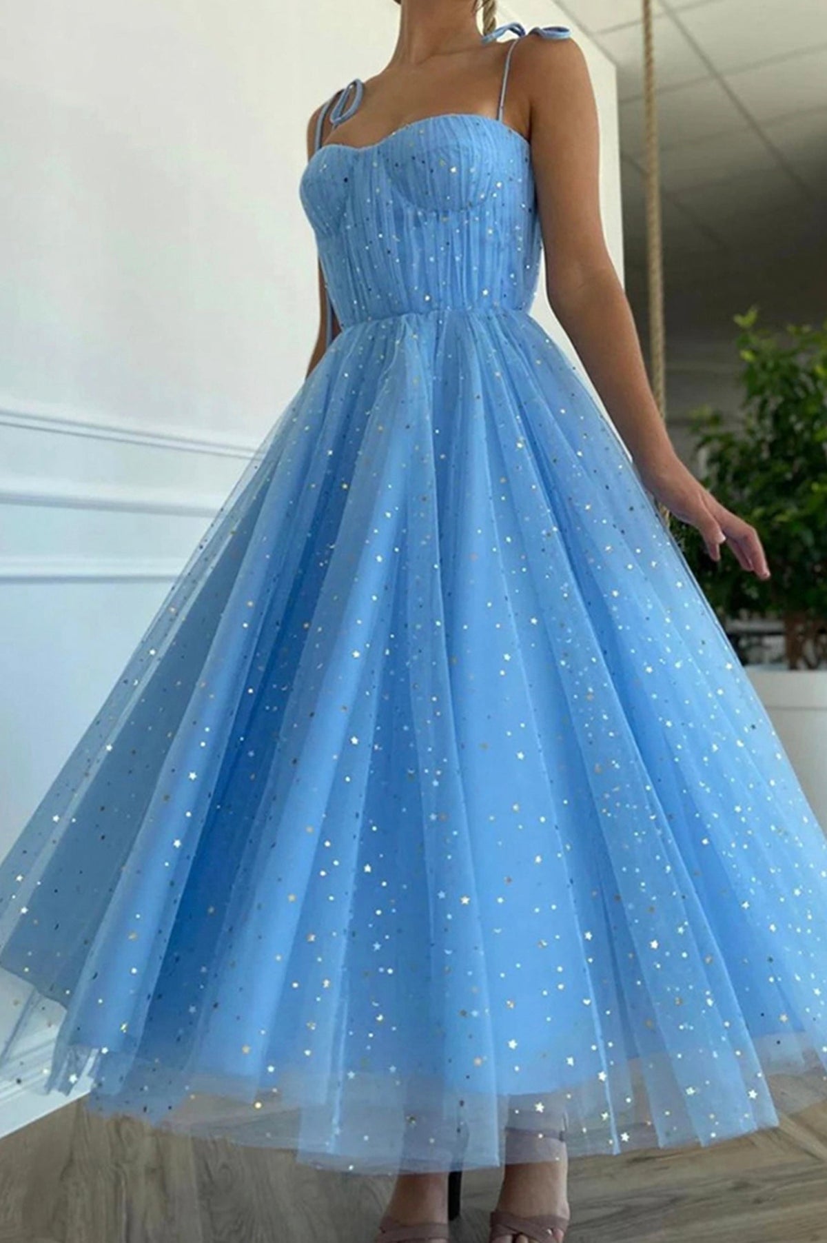 Blue Spaghetti Strap Tulle Short Prom Dresses, A-Line Evening Party Dresses