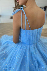 Blue Spaghetti Strap Tulle Short Prom Dresses, A-Line Evening Party Dresses