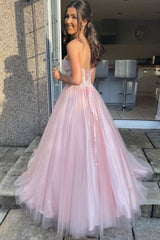 Pink Strapless Lace Long Prom Dresses, A-Line Evening Dresses