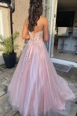Pink Strapless Lace Long Prom Dresses, A-Line Evening Dresses