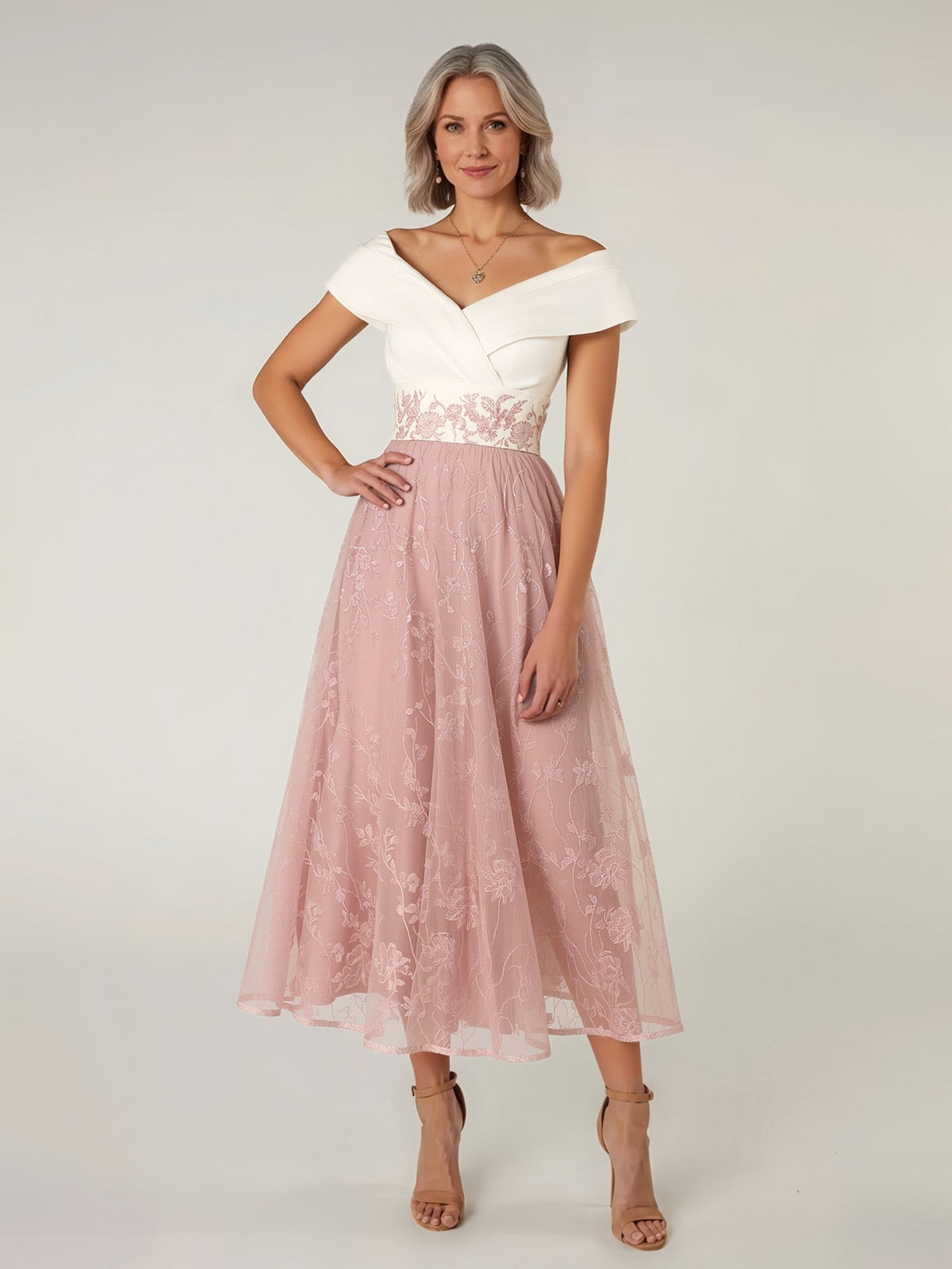Off-the-Shoulder Satin A-Line Lace Tea-Length Dress Dusty Rose