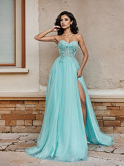 A-Line Sweetheart Lace Appliques Long Split Prom Dresses