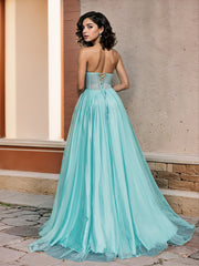 A-Line Sweetheart Lace Appliques Long Split Prom Dresses