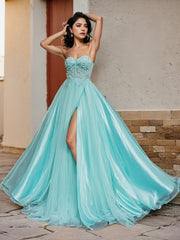 A-Line Sweetheart Lace Appliques Long Split Prom Dresses
