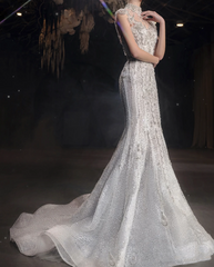 Princess Mermaid Strapless Neckline Sequin White Tulle Wedding Dresses SD1753