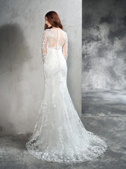 Sheath/Column Sheer Neck Lace Long Sleeves Long Net Wedding Dresses
