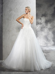Ball Gown Strapless Applique Sleeveless Long Satin Wedding Dresses