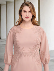 Sheath / Column Mother of the Bride Dresses Plus Size Hide Belly Curve Elegant Dress Formal Tea Length Long Sleeve Jewel Neck Chiffon with Appliques