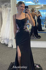 Applique Royal Blue Spaghetti Straps Mermaid Slit Porm Dress