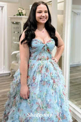 Pleated Sweetheart Floral Print Light Blue A-Line Prom Dress