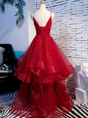 Burgundy v neck tulle long prom dress, burgundy tulle formal dress