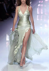 A-line Tulle Ruffle Green Satin formal dresses Bridesmaid Dresses evening gown Prom Dress With Split