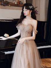 Champagne tulle beads long prom dress, champagne evening dress