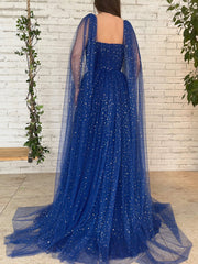 Blue tulle A line long prom dress, blue tulle formal dress