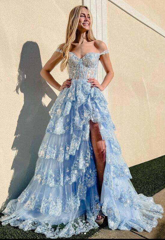 Tulle Sequin Long Prom dress with Sheer Corset Bodice and Ruffle Skirt