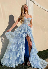 Tulle Sequin Long Prom dress with Sheer Corset Bodice and Ruffle Skirt