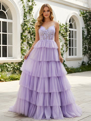 Sweetheart Corset A-Line Tiered Tulle Dress Lilac