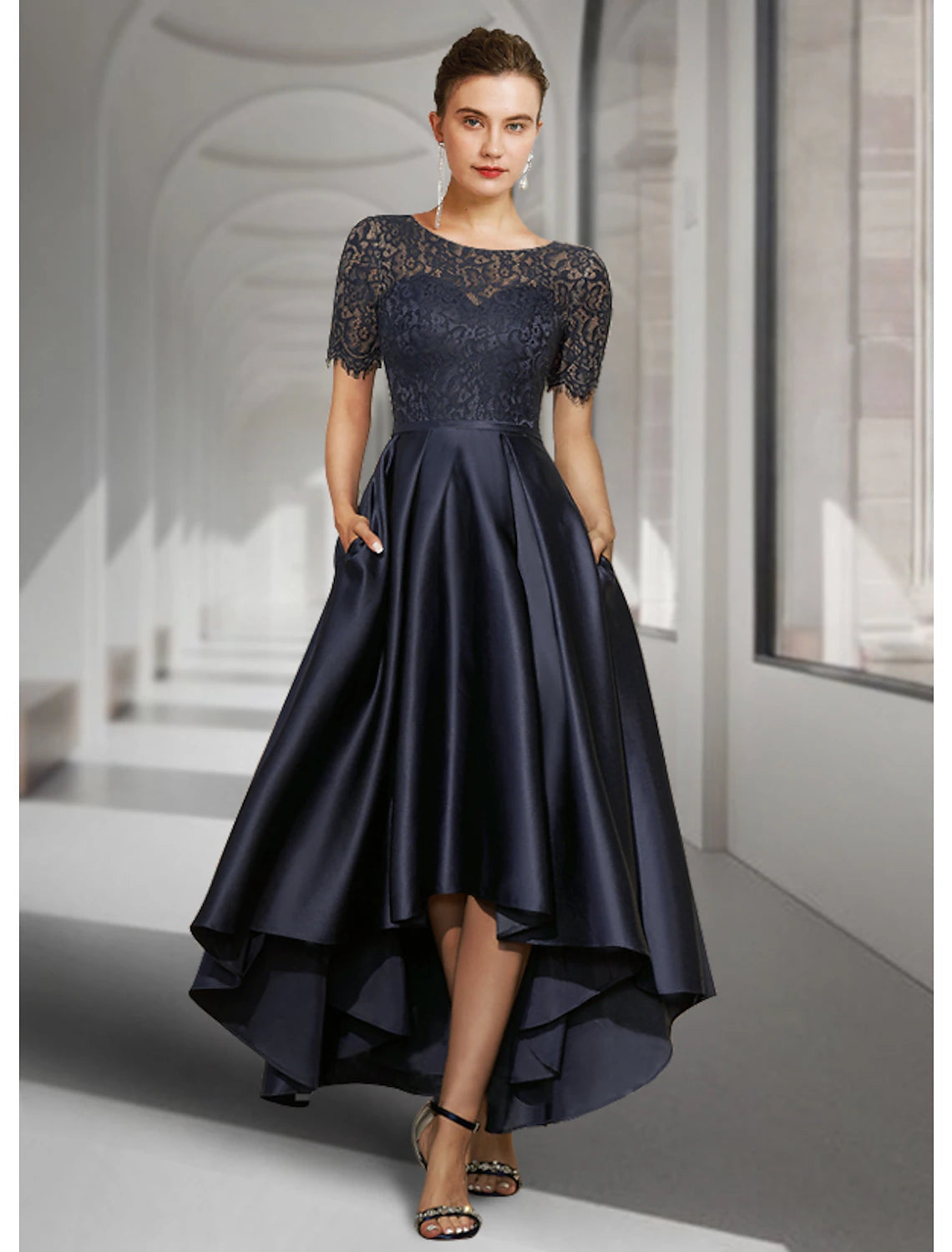 A-Line Mother of the Bride Dress Wedding Guest Elegant High Low Scoop Neck Asymmetrical Tea Length Satin Lace Short Sleeve