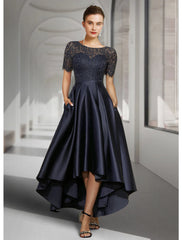 A-Line Mother of the Bride Dress Wedding Guest Elegant High Low Scoop Neck Asymmetrical Tea Length Satin Lace Short Sleeve