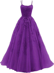 Lace Appliques prom -jurken voor dames Lange spaghetti -riem Baljurken TULLE Formele jurk voor feest