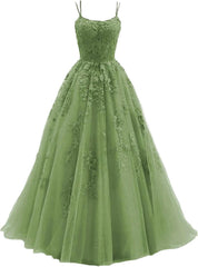 Lace Appliques prom -jurken voor dames Lange spaghetti -riem Baljurken TULLE Formele jurk voor feest