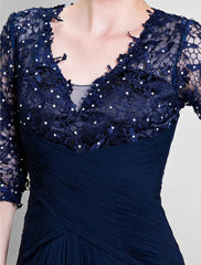 A-Line Mother of the Bride Dress See Through V Neck Floor Length Chiffon Lace Half Sleeve No with Lace Beading