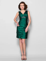 Sheath / Column Mother of the Bride Dress V Neck Knee Length Taffeta Sleeveless with Criss Cross Ruched Crystals