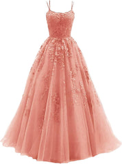 Lace Appliques prom -jurken voor dames Lange spaghetti -riem Baljurken TULLE Formele jurk voor feest