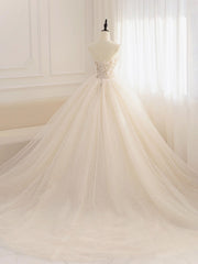 Champagne tulle sequin beads long prom dress, champagne evening dress