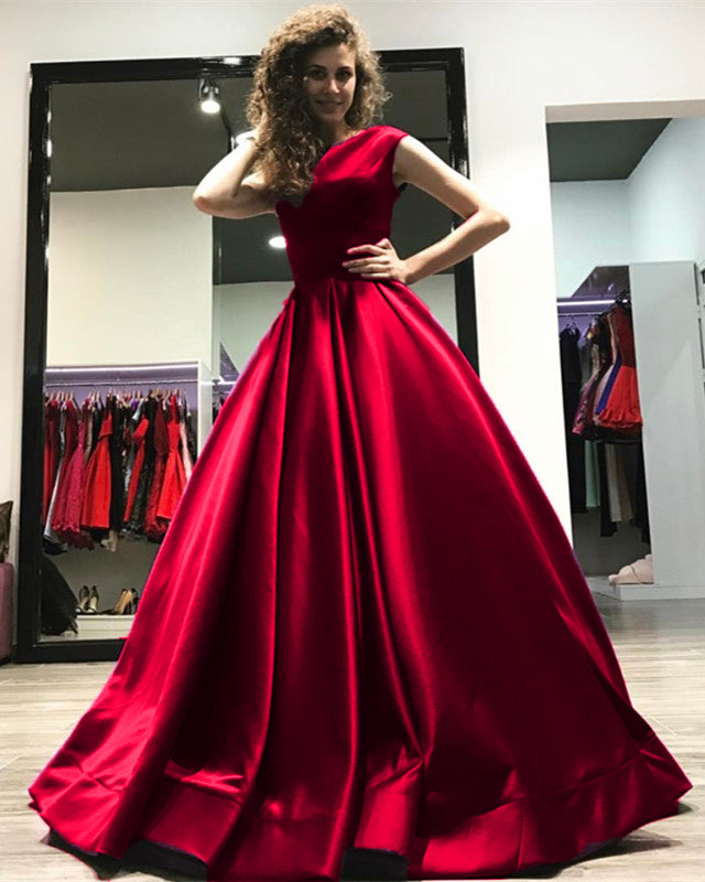 A-line Open Back Long Satin Floor Length Prom Dresses