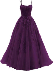 Lace Appliques prom -jurken voor dames Lange spaghetti -riem Baljurken TULLE Formele jurk voor feest