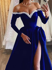 Aimishang A-Line Sexy Evening Dress Formal Prom Dress Sweep/Brush Train Long Sleeve Off Shoulder Satin with Pearls Slit