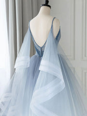 Blue v neck tulle beads short prom dress, blue tulle formal dress