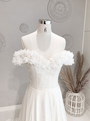 White off shoulder chiffon long prom dress, white evening dress
