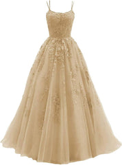 Lace Appliques prom -jurken voor dames Lange spaghetti -riem Baljurken TULLE Formele jurk voor feest