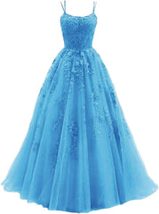 Lace Appliques prom -jurken voor dames Lange spaghetti -riem Baljurken TULLE Formele jurk voor feest