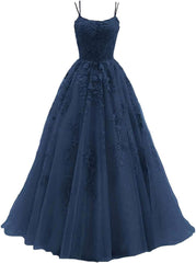Lace Appliques prom -jurken voor dames Lange spaghetti -riem Baljurken TULLE Formele jurk voor feest