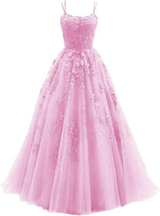 Lace Appliques prom -jurken voor dames Lange spaghetti -riem Baljurken TULLE Formele jurk voor feest