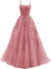 Lace Appliques prom -jurken voor dames Lange spaghetti -riem Baljurken TULLE Formele jurk voor feest