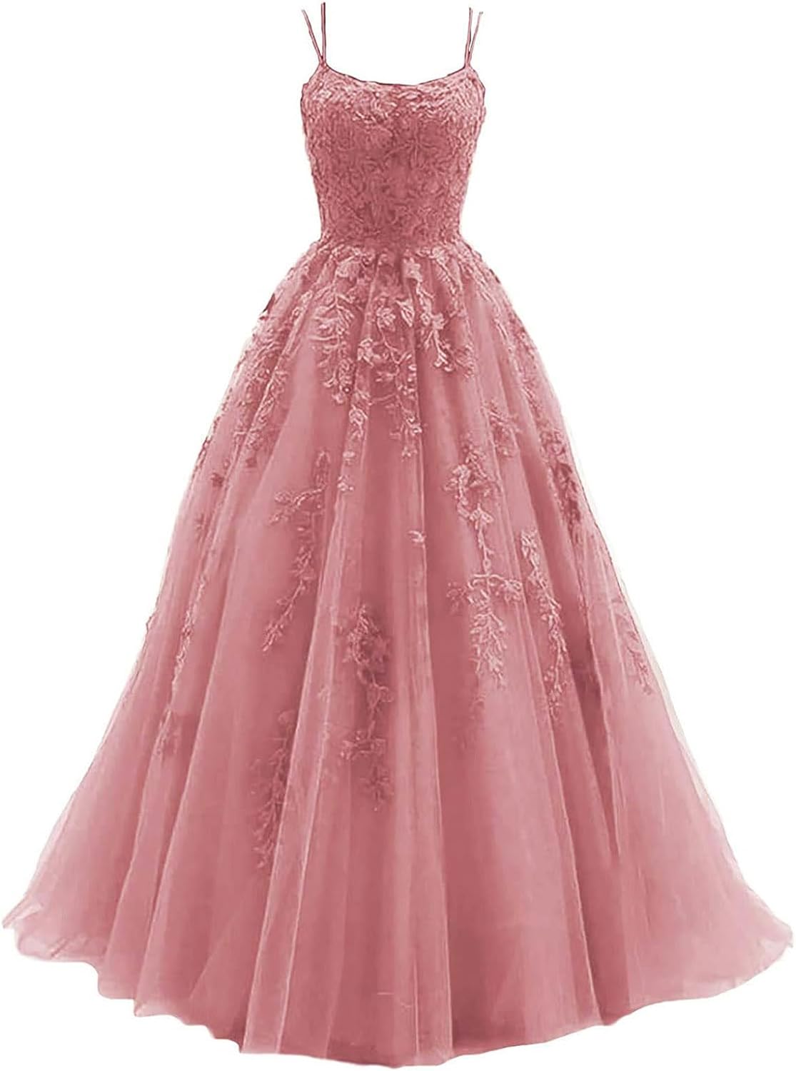 Lace Appliques prom -jurken voor dames Lange spaghetti -riem Baljurken TULLE Formele jurk voor feest