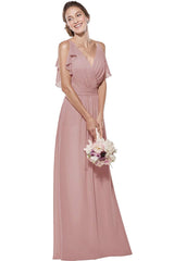 V-Neck Spaghetti Straps Chiffon Bridesmaid Dress Long Formal Evening Gown
