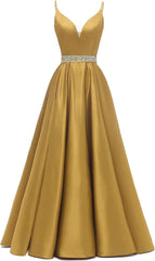 Spaghetti Stracles Robe de bal Long Satin perle en V V Vandes de balle de fête de soirée avec poches